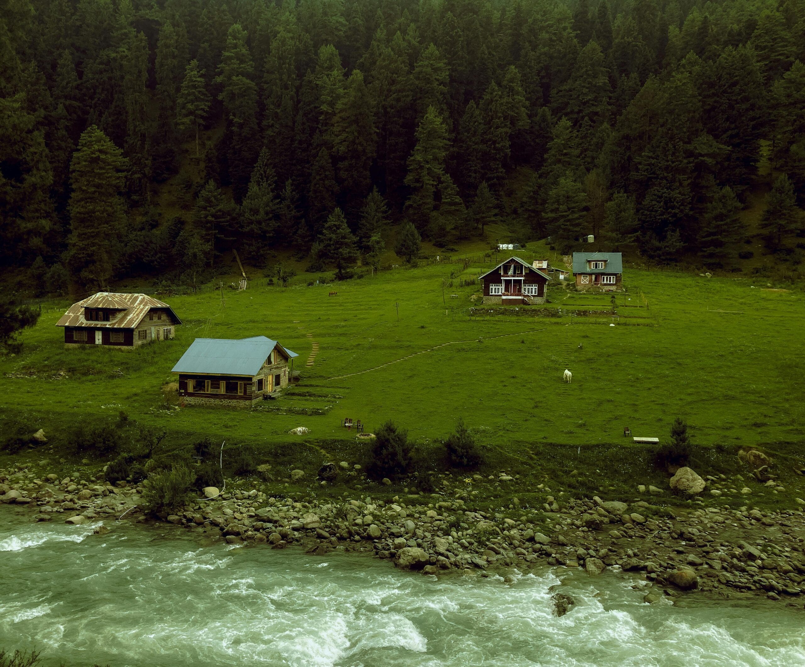 Charming cottages by a river in Pahalgam surrounded by lush green forests.