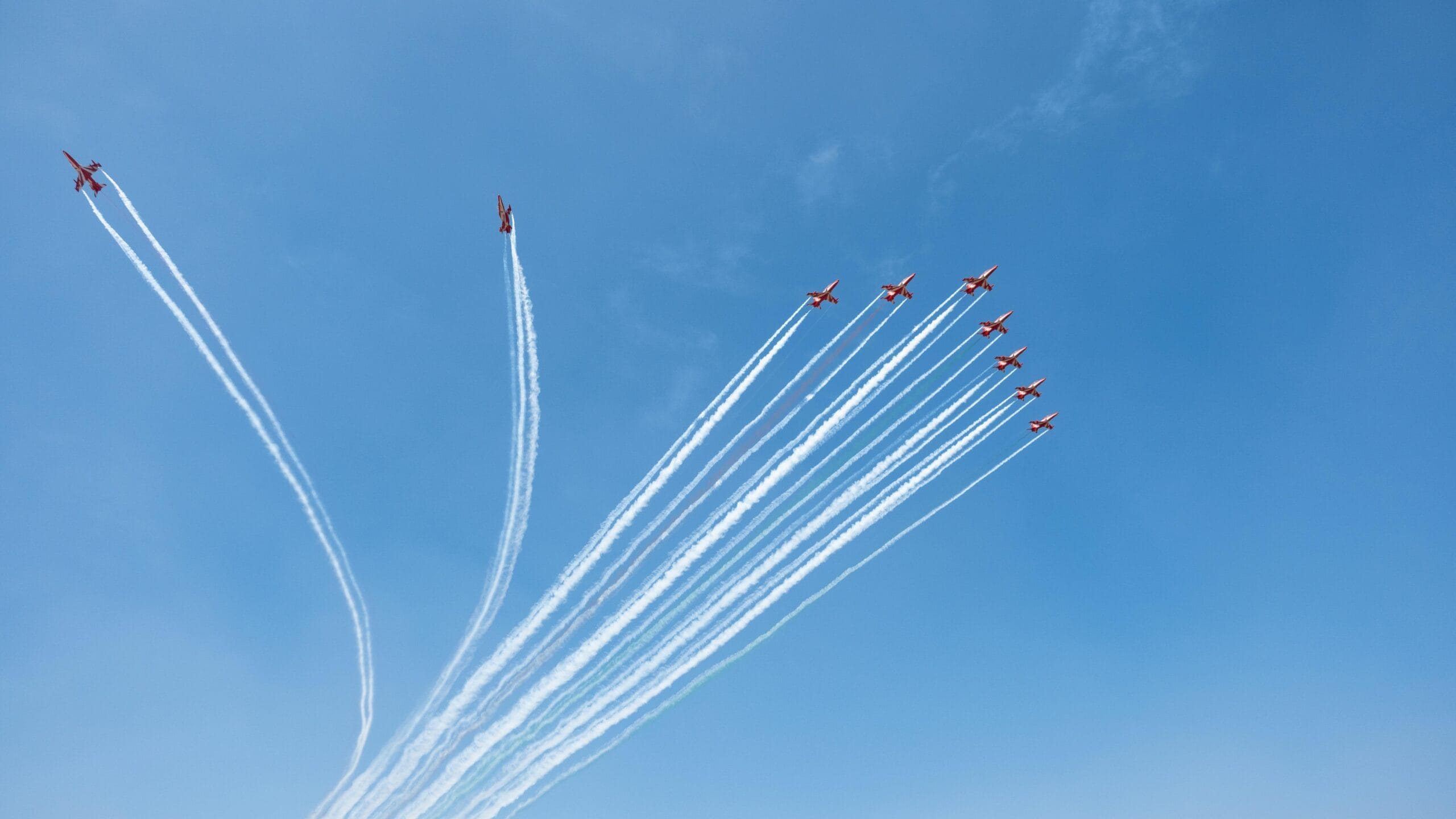 A squadron of jets performing aerial maneuvers against a clear blue sky in Bengaluru airshow.